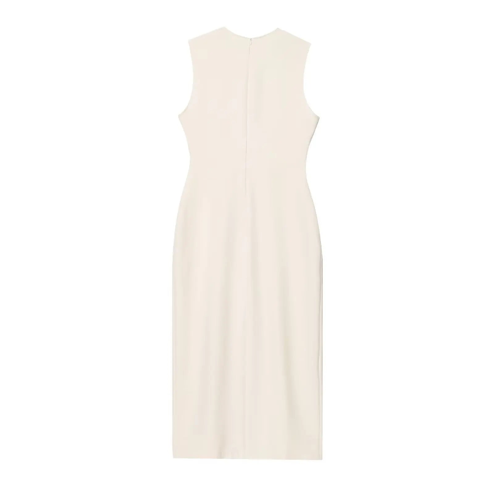 Female Summer Elegant Midi Dress O-Neck Hem Slit With Belt Sleeveless Single Breasted Back Zipper Fashion Long Dress