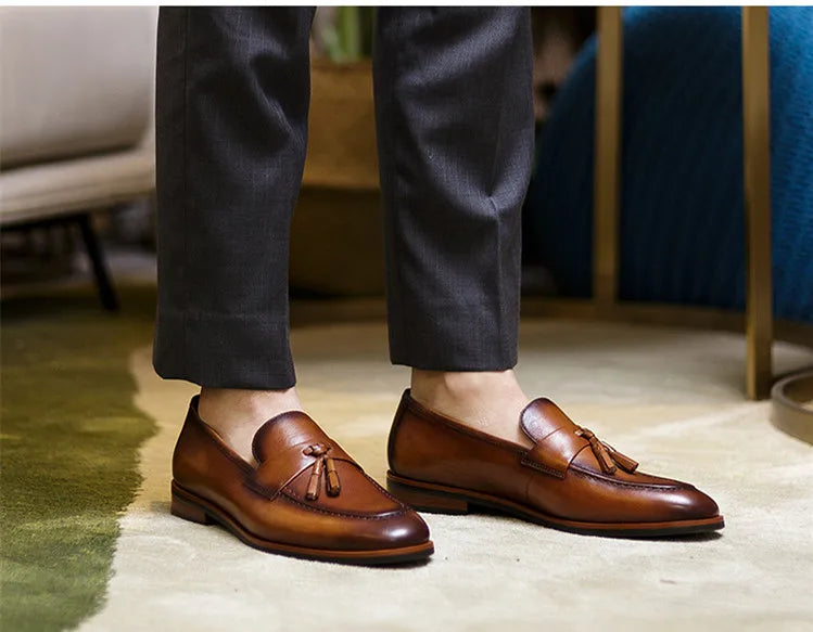 High-end Quality Retro Men's Shoes Fashion Casual Leather Shoes Head Cowhide Tassel Loafers Men Moccasins Italian Large Size 46