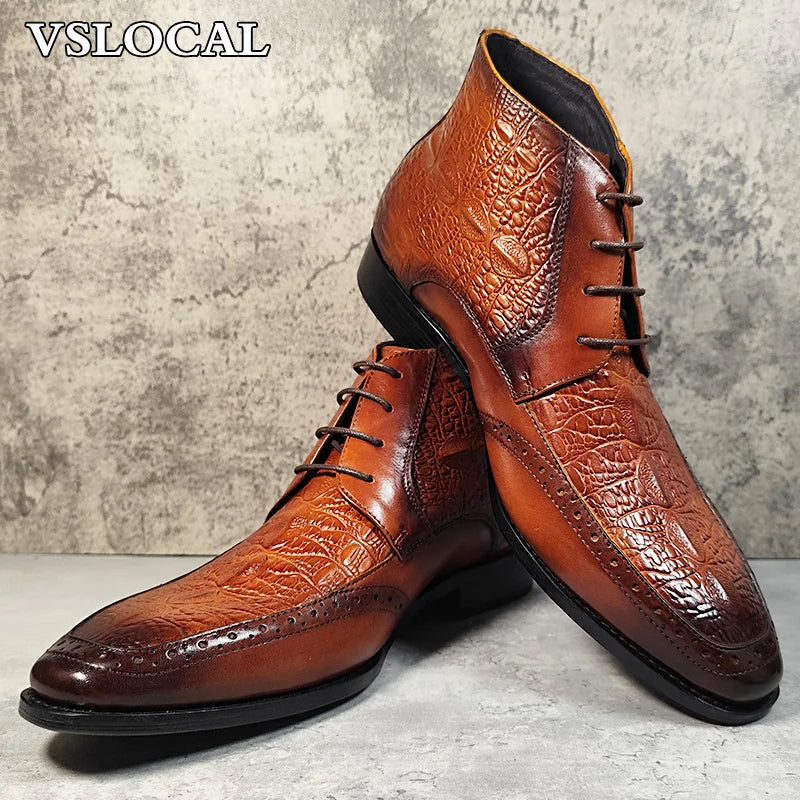 Luxury Brand Men Ankle Boots Shoes Black Brown Crocodile Prints Lace-up Mens Dress Boots Genuine Leather Dress Boots Men