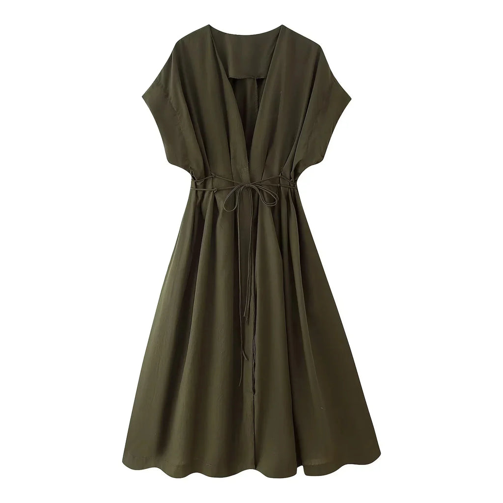 2026 Spring Summer Vintage Women Dress Fashion Single Breasted Sashes Draped V Neck Sleeveless Chic Brown Ladies Dresses