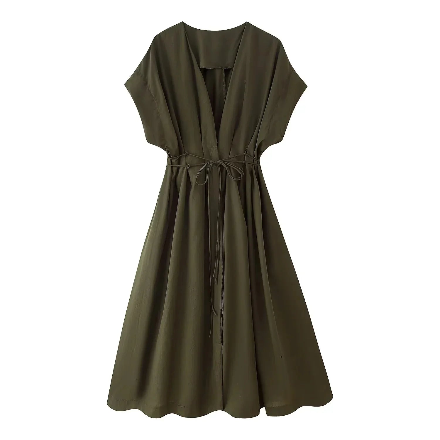 2026 Spring Summer Vintage Women Dress Fashion Single Breasted Sashes Draped V Neck Sleeveless Chic Brown Ladies Dresses