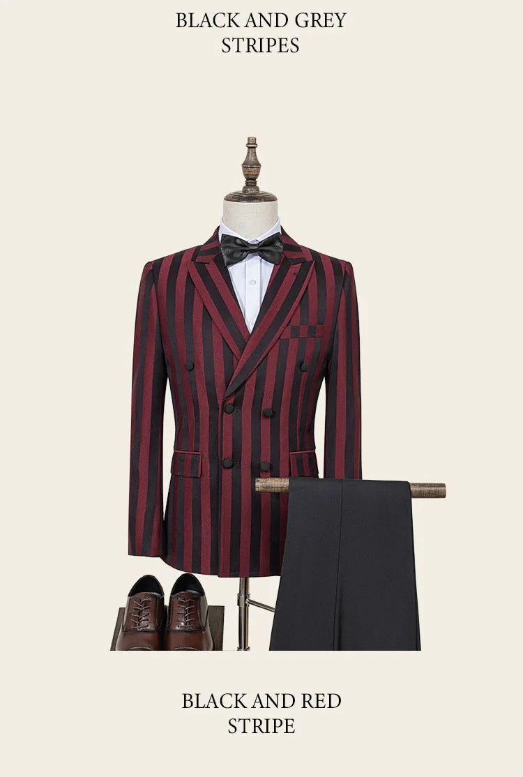Party outfit Fashion red and black striped evening gown Double Breasted Slim Fit luxury man jacket tuxedo Men's Suit