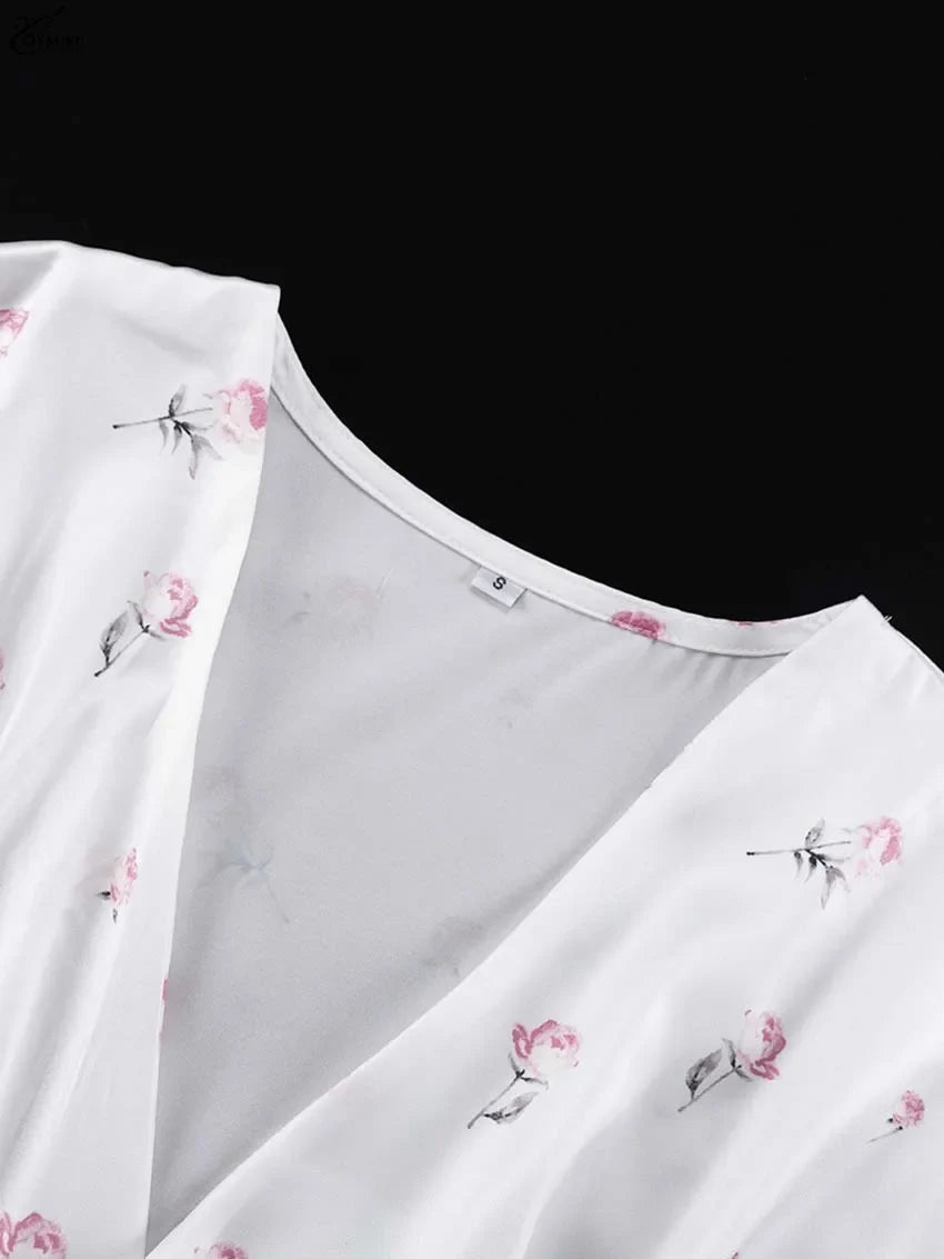 Casual White Print Dresses For Woman Fashion V-Neck Batwing Sleeve Dresses Elegant Straight Floor-Length Dress Streetwear