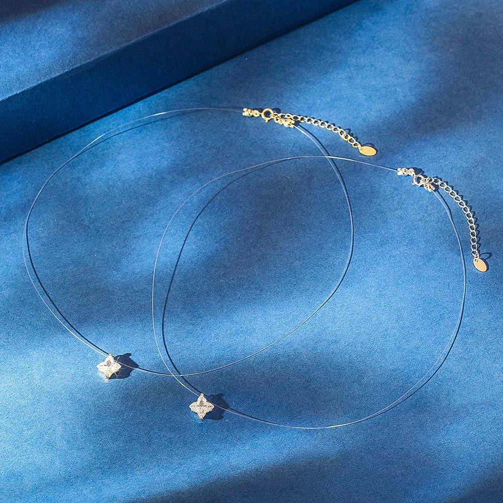 Dainty Invisible Line 925 Silver Simple Flower 8A Cubic Zirconia Choker Chain Transparent Fishing Line Collier LZN33