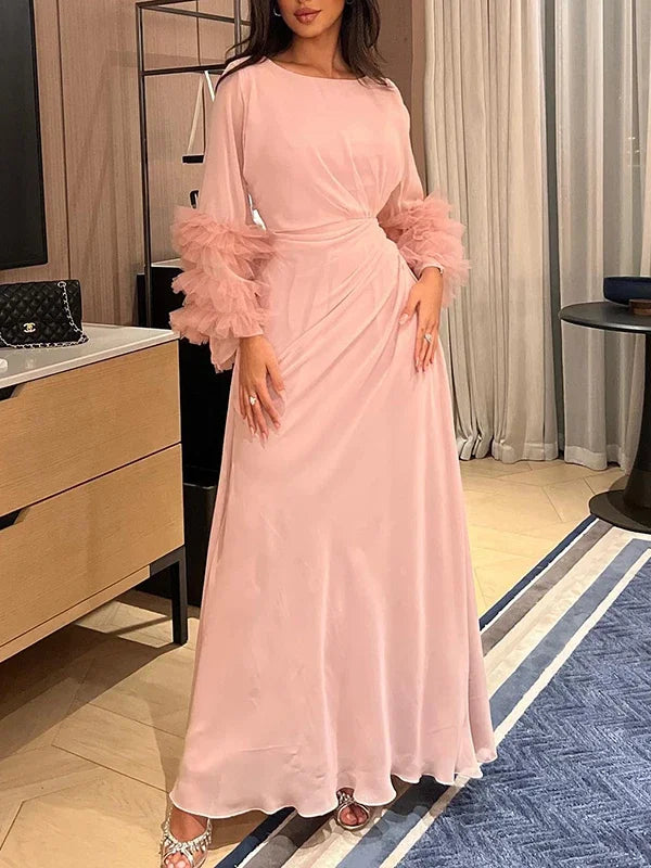 Elegant Solid Color Pleated Waist Party Evening Maxi Dresses