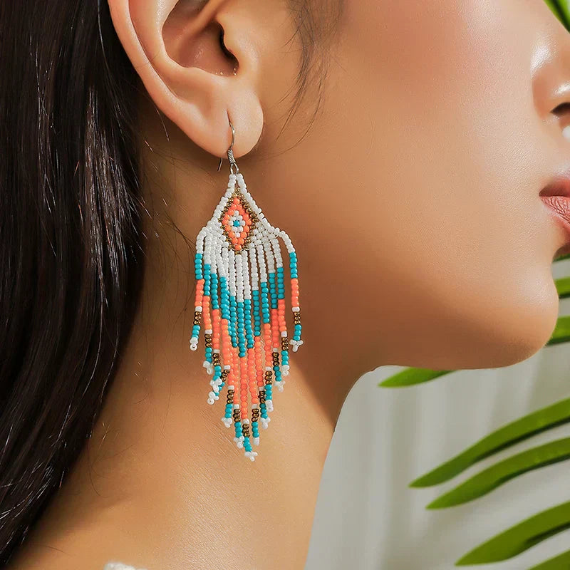 White Rice Beads Earrings For Women Retro Boho Tassels Water Drop Earrings Exaggerated Ethnic Style Earrings Jewelry