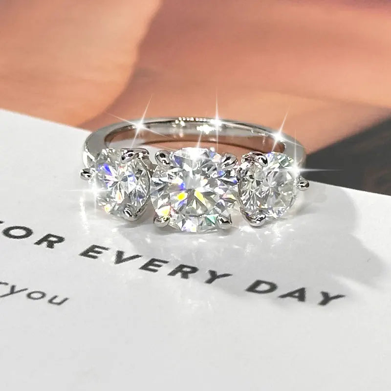 14k Gold Filled Three Stone Ring 8mm&6.5mm D Color Round Moissanite Certified Engagement Wedding Jewelry for Women Rings