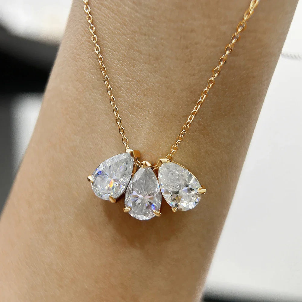 3-Stones Waterdrop Moissanite Pendant Necklace for Women S925 Silver Pear Cut Diamond Neckchain with Certificates Fine Jewelry