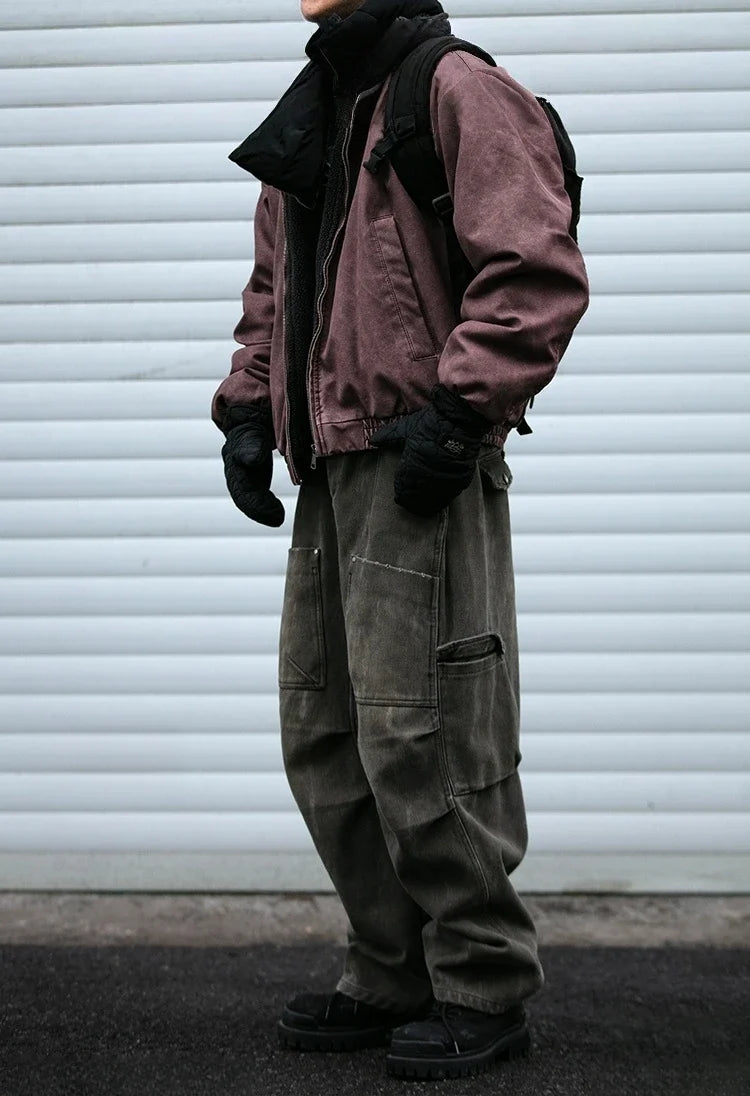 Winter Heavyweight Mens Jacket Japanese Vintage PU Coated Windproof Thick Fleece Lined Warm Distressed Streetwear Long Coat Male