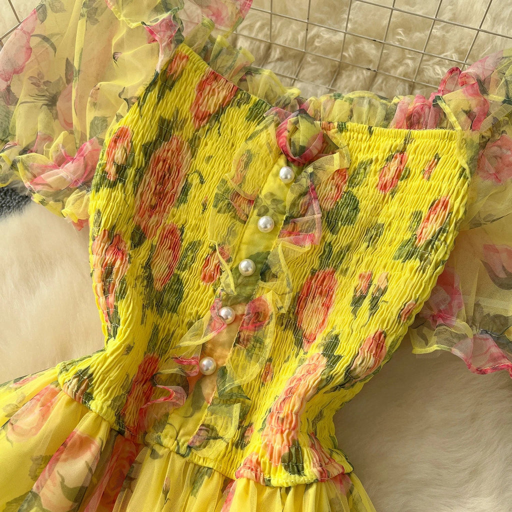 Retro Floral Chiffon Dr Women's Waist Cinched Bubble Sve Me Skirt Tea Break Gentle Soft Sle Korean High Waist A-Lin...