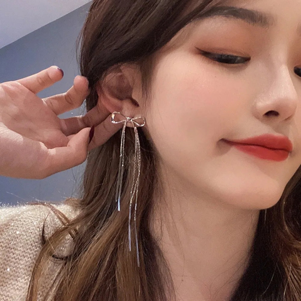 Temperament Stainless Steel Ribbon Long Tassel Bowknot Drop Dangle Earrings for Women Charm Party Jewelry Korean Fashion Gift
