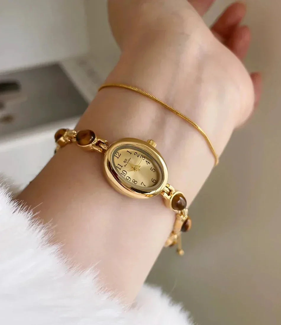 Luxury Vintage Quartz Women's Watches Fashion Natural Green Jade Bracelet Clock Numerals Small Oval Dial Watch Woman Accesories