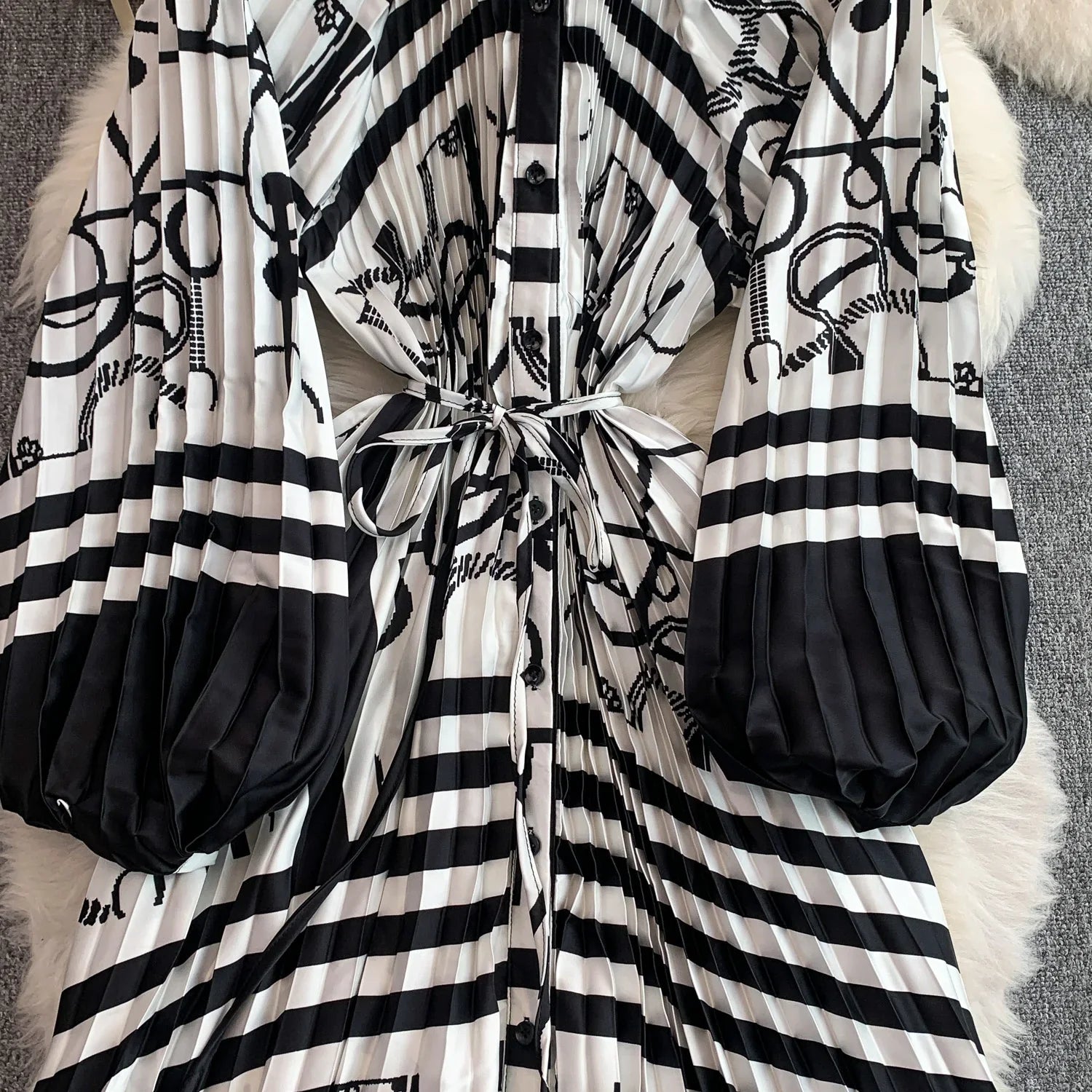 Printed round Ne Lantern Sve Dr Women's Single Button Waist Cinch Maxi Skirt Long Dr Commute Sle Autumn
