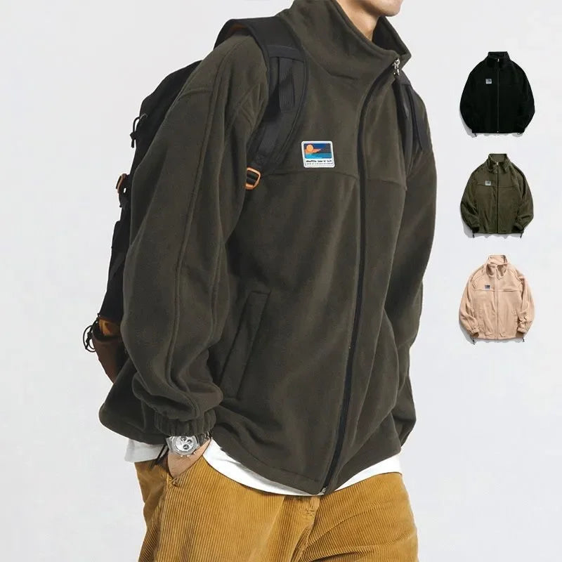 Japanese Style Lamb Wool Jacket Fleece Sweatshirt Men's Autumn/Winter Couple Stand Collar Flocking Student Outerwear Casual Jack