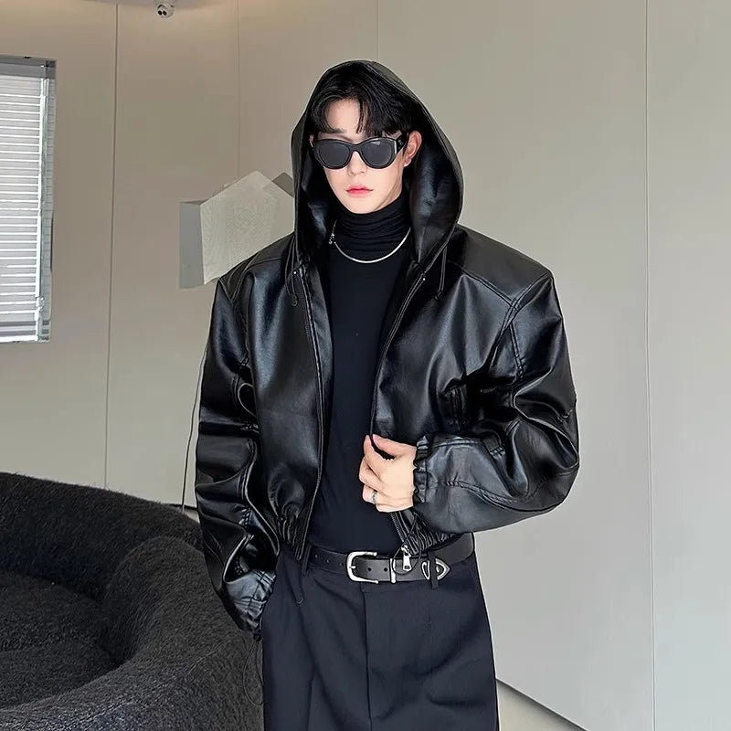 Spring Autumn Short Waterproof Black Pu Leather Jacket Men Hood Zipper High Waist Loose Casual Korean Fashion 2025