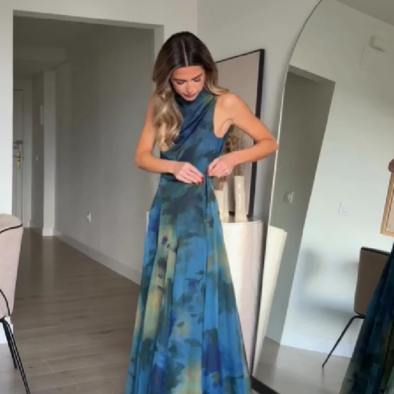 Women's Elegant Blue Watercolor Print Maxi Dress Sleeveless Cowl Neck Satin Formal Evening Gown A-line Floor Length Party Dress
