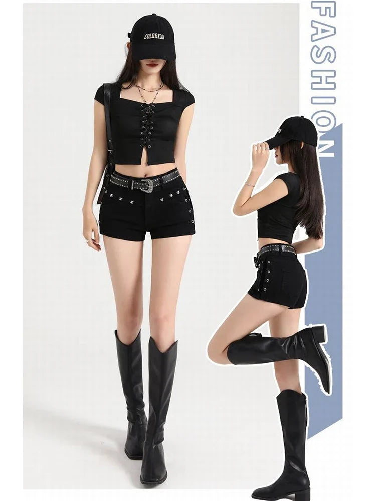 Summer Black Sexy Low Waist Y2K Jean Shorts Women Holiday Punk Gothic Denim Pants Korean Daily Fashion Skinny Strech Shorts+Belt