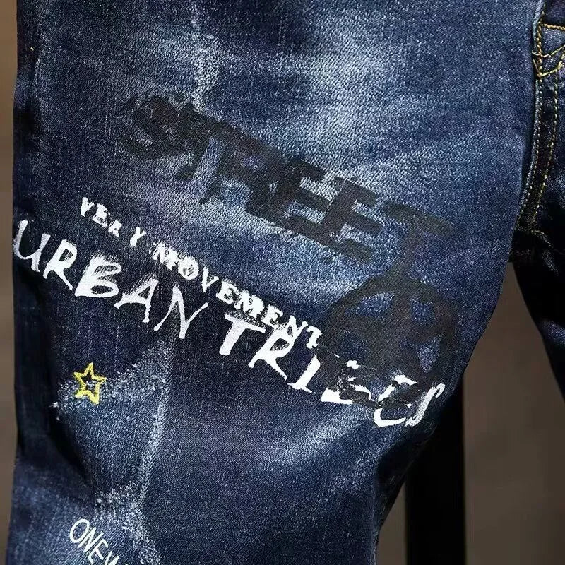 Spring and Autumn Fashion Trend Printed Straight-Leg Stretch Denim Jeans For Men Comfortable Casual Sports High-Quality Jeans