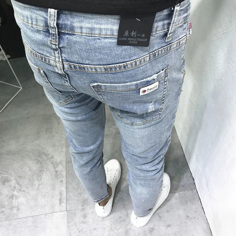 2024 Spring and Autumn New Fashion Trend Solid Color Elastic Small Legs Men's Casual Slim Comfortable High Quality Denim Pants