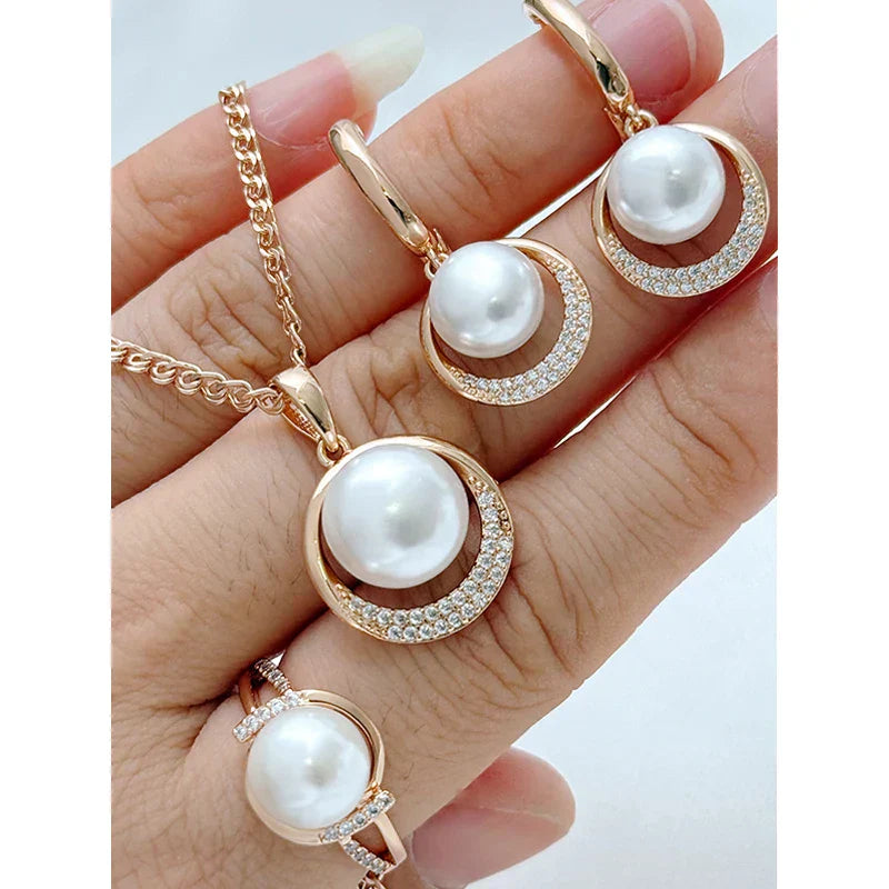 Fashion Geometry Pearl Ring Earrings Necklace for Women 585 Rose Gold Color With Natural Zircon Ethnic Wedding Jewelry