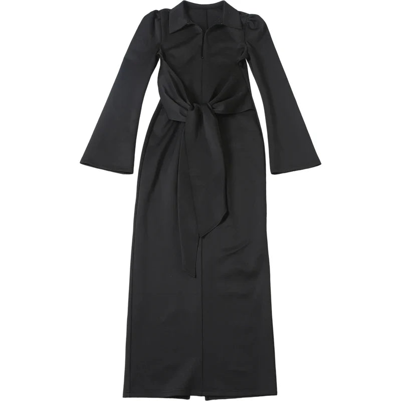 Sexy Maxi Dress Women Shoulder Padded Zip Wrapped Bandage Long Sleeve Slit Elegant Solid Office Simple Skinny Bodycon