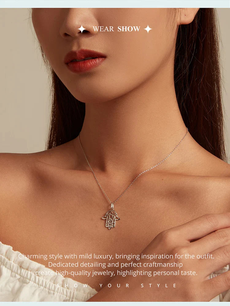 925 Sterling Silver Guardian Fatima's Hand Pendant Necklace Flower Pattern Neck Chian for Women Platinum Plated SCN490