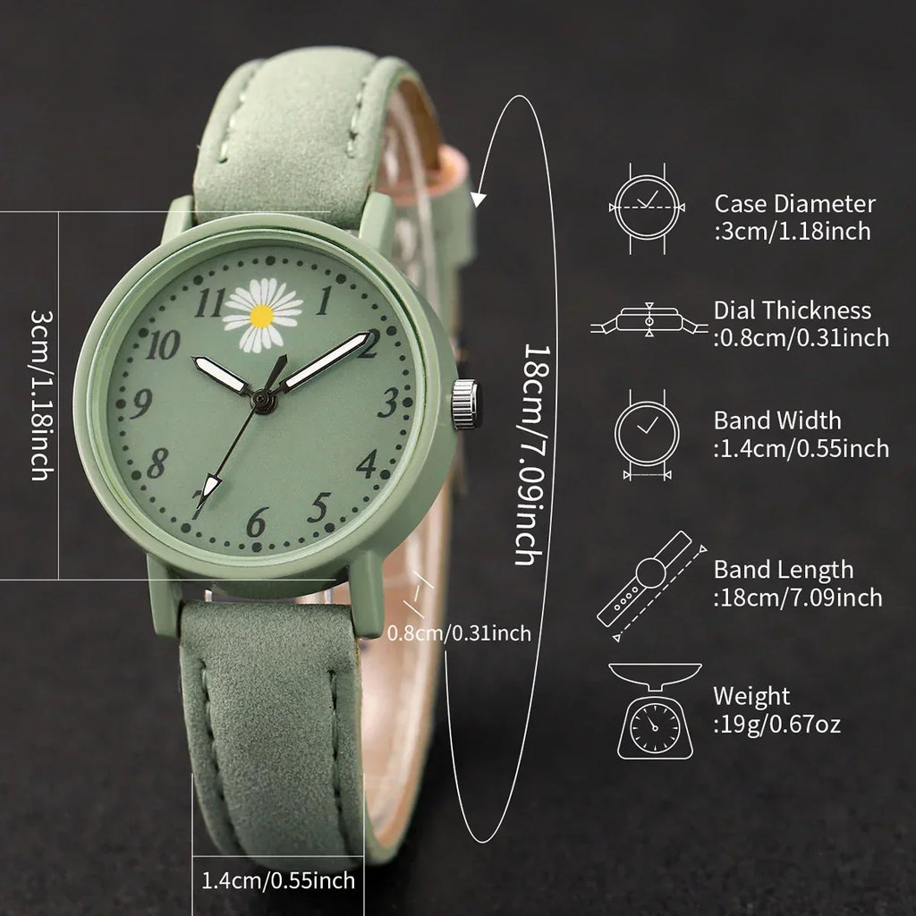 2PCS/Set Fashion Flower Women's Watch Casual Arabic Dial Leather Band Quartz Watches Bracelet Set