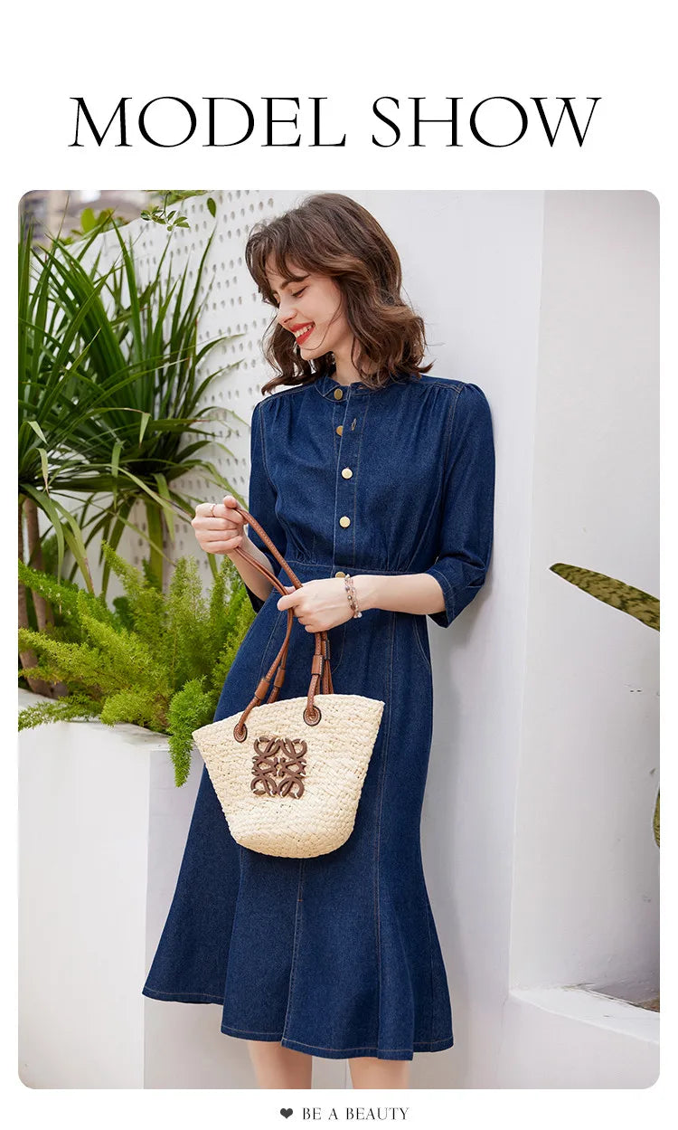 Women Denim Dress Retro Style Casual 2024 Spring Round Neck Three-quarter Sleeve Slim Fit A-line Fishtail Dress