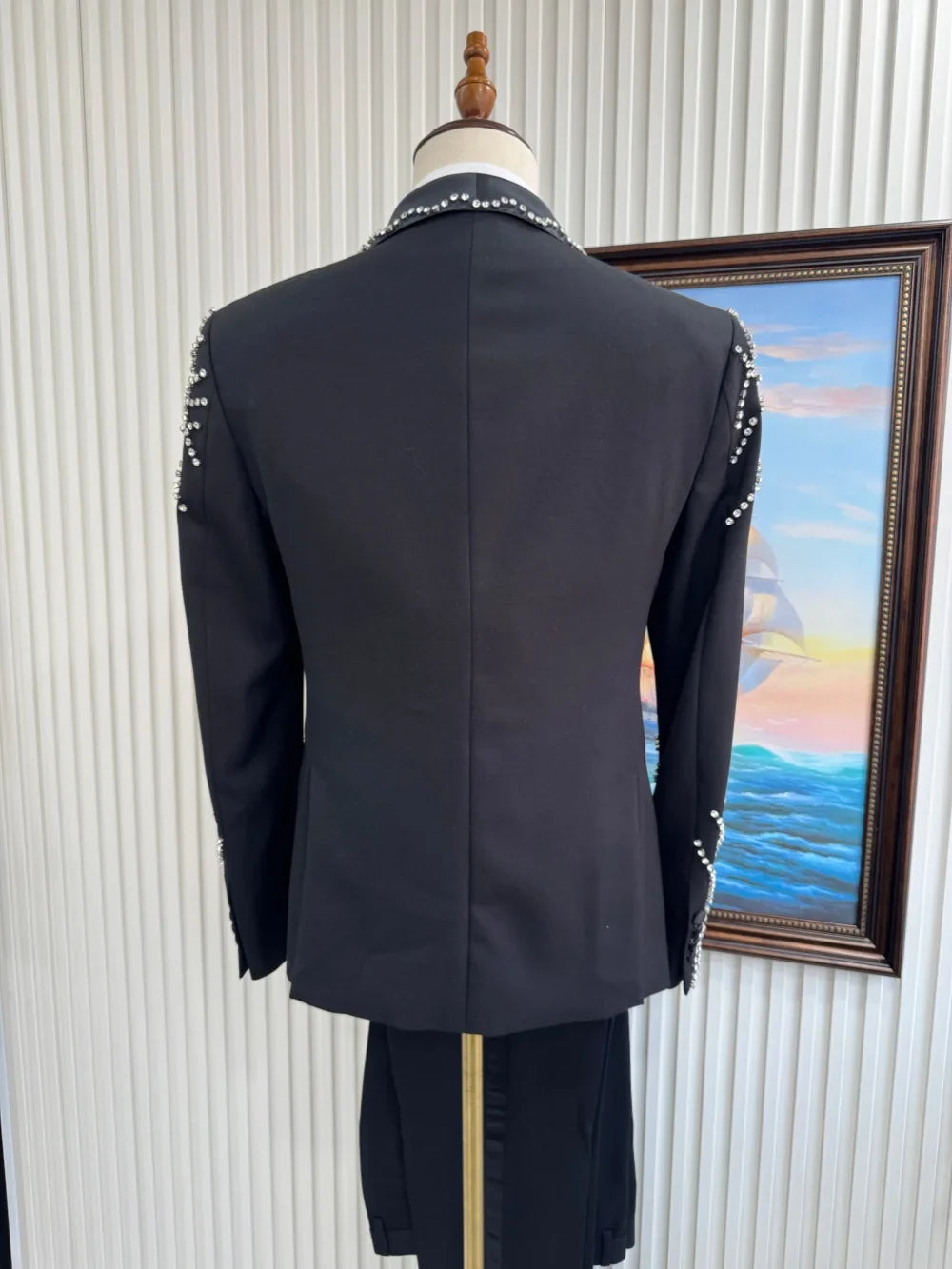 Men's Silver Beaded Suit Set 2 Pieces Formal Party Wear Premium Double Breasted Tuxedo For Men Elegant Slim Fit Suits S-3XL