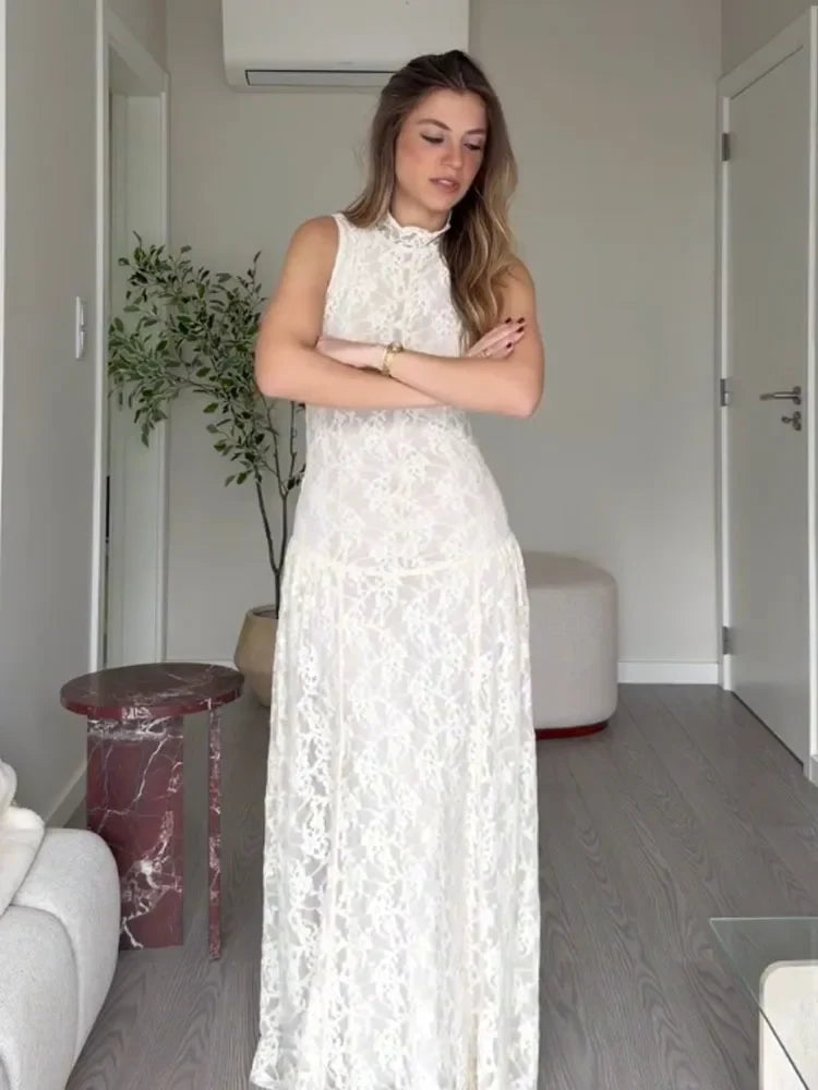 HH Women's Spring Summer Stylish Off‑White High Neck Lace Sleeveless Dress Female Elegant Temperament Zipper Long Party Dress
