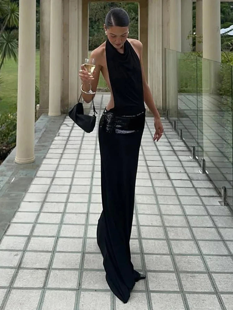 Backless Fashion Dresses Elegant Halter Patchwork Draped Maxi Bodycon Female Solid Simple Evening Party Frock New