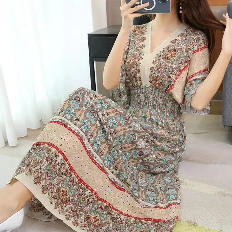 Colorful Flower V-neck Elastic Youthful Bohemian Sweet Midi Dress Woman Clothes Chic Fashion Summer Dresses 2025 Large Swing Ski