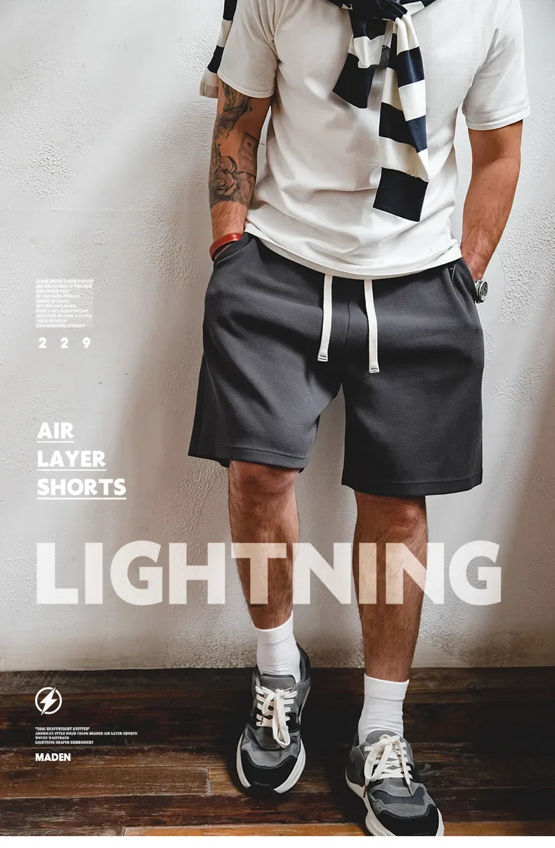 Men's 340g Heavyweight Casual Shorts Knitted Breathable Summer Shorts with Lightning Embroidered Sport Gym Short Pants
