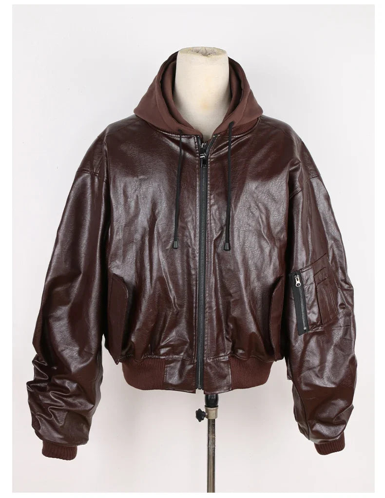 Autumn Winter Cool Handsome Oversized Brown Thickened Warm Leather Jacket Men with Hood Fake 2 Piece European Clothes
