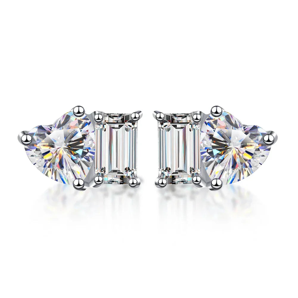 2-stone Heart Emerald Cut Moissanite Stud Earrings D Color Diamond with Certificates 925 Sterling Silver Ear Studs for Women