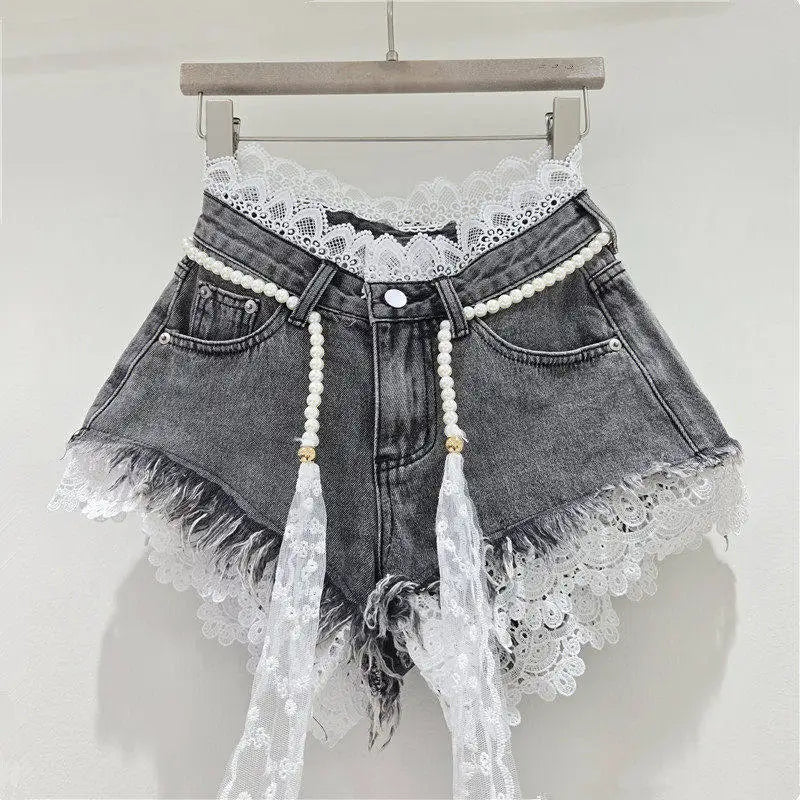 American Crochet Lace Denim Shorts With Pearl Sashes Summer Casual Fashion Women's Sweet Lace Patchwork Fringed Hot Jeans