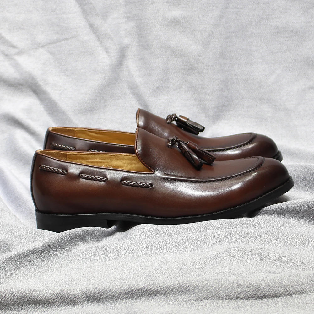 Italian Style Men's Loafers Tassel Genuine Cow Leather Comfortable Slip on Wedding Party Office Dress Shoes for Men Casual Shoes