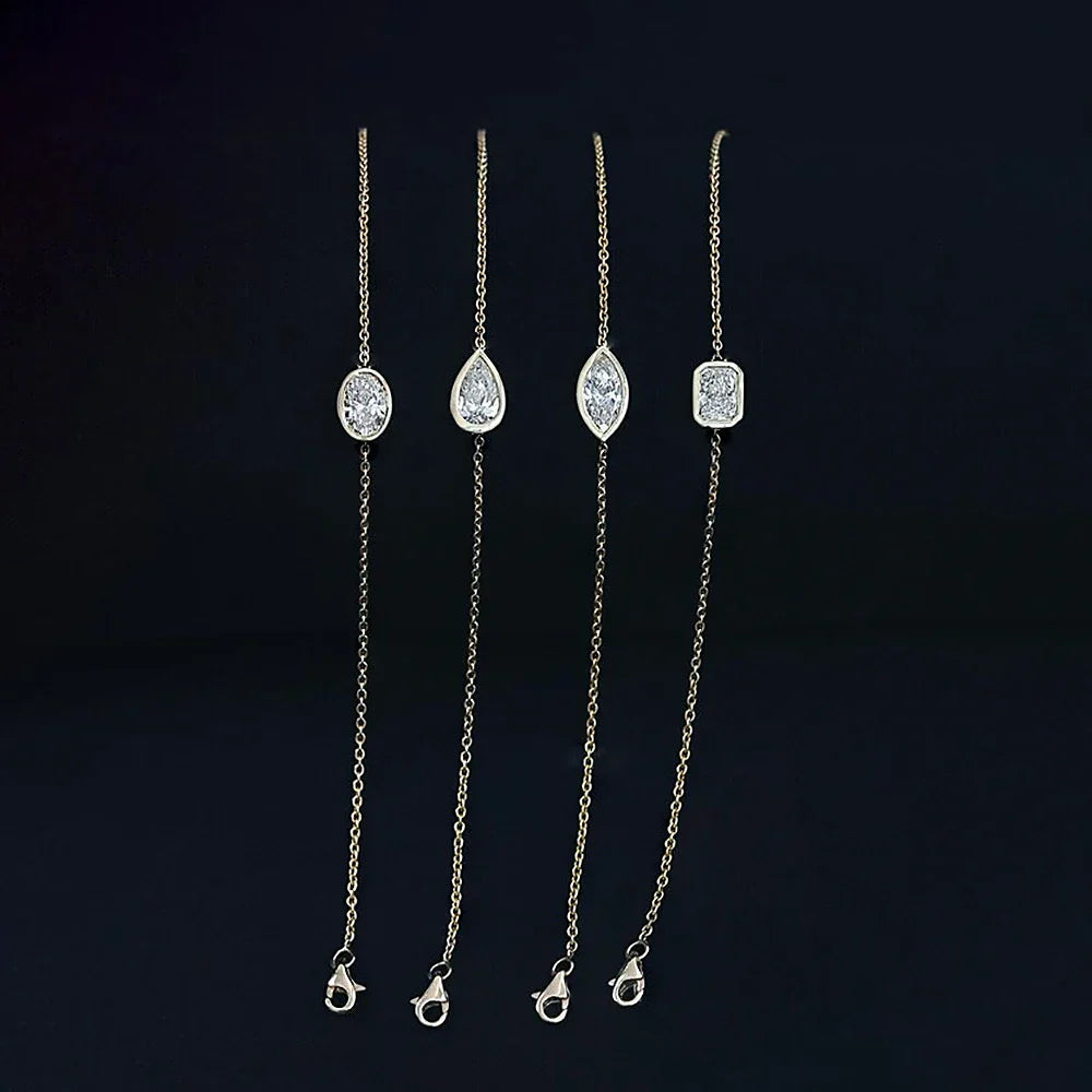 1/2Carat Bezel Set Solitaire Moissanite Diamond Bracelet for Women 925 Silver Marquise/Pear/Oval/Radiant Cut Diamond Hand Chain