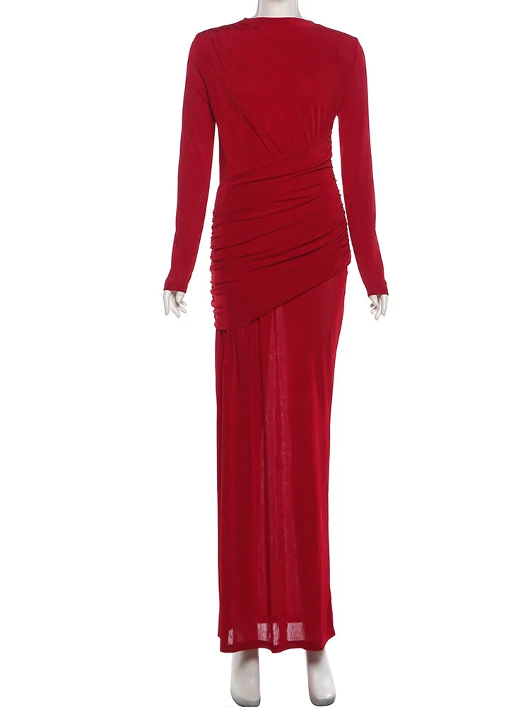 Nibber Folds Maxi Dress Women o-Neck Full Sleeve Solid Banquet Elegant Vacation Fashion Autumn Skinny Casual Simple Vestidos