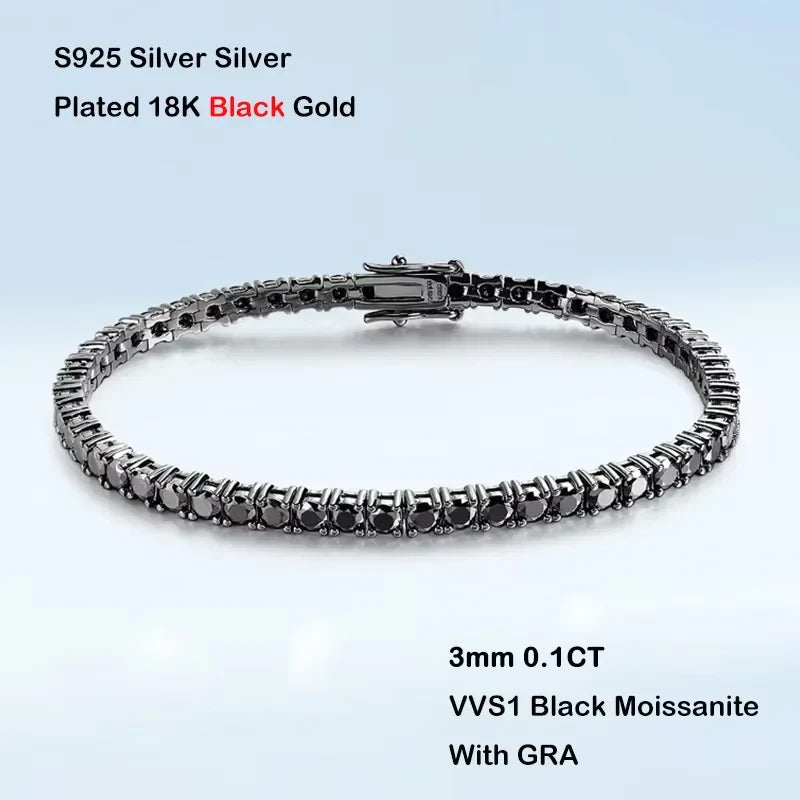 GRA Certified 3/4/5mm Full Black Moissanite Tennis Bracelet for Women Men 925 Silver Plated 18K Rose Gold Link Bracelets