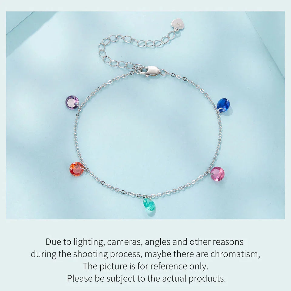 925 Sterling Silver Colorful Round Zircons Chain Bracelet Adjustable Link Chain with Rainbow Beads for Women Wrist Decor