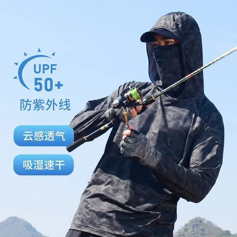 Ultra-thin Tshirts Summer Trendy Prints Lightweight UPF Sun Hoodie with Face Mask Shirt Long Sleeve Breathable UV Fishing Shirt
