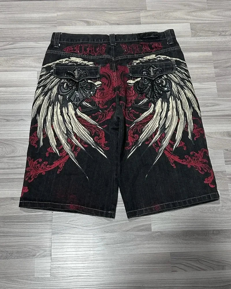 Y2K New American Fashion Pattern Letter Embroidery Baggy Denim Shorts Women Street Vintage Hip Hop Casual Shorts Women Clothing