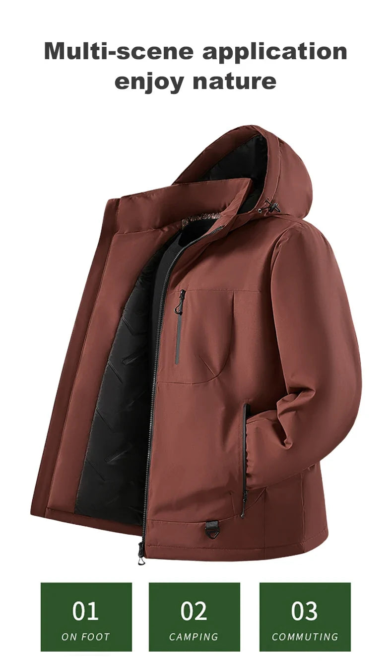 Men's Winter Warm Windbreaker Graphene Inner Waterproof Fleece Jackets Hiking Camping Climbing Skiing Thermal Rain Coat