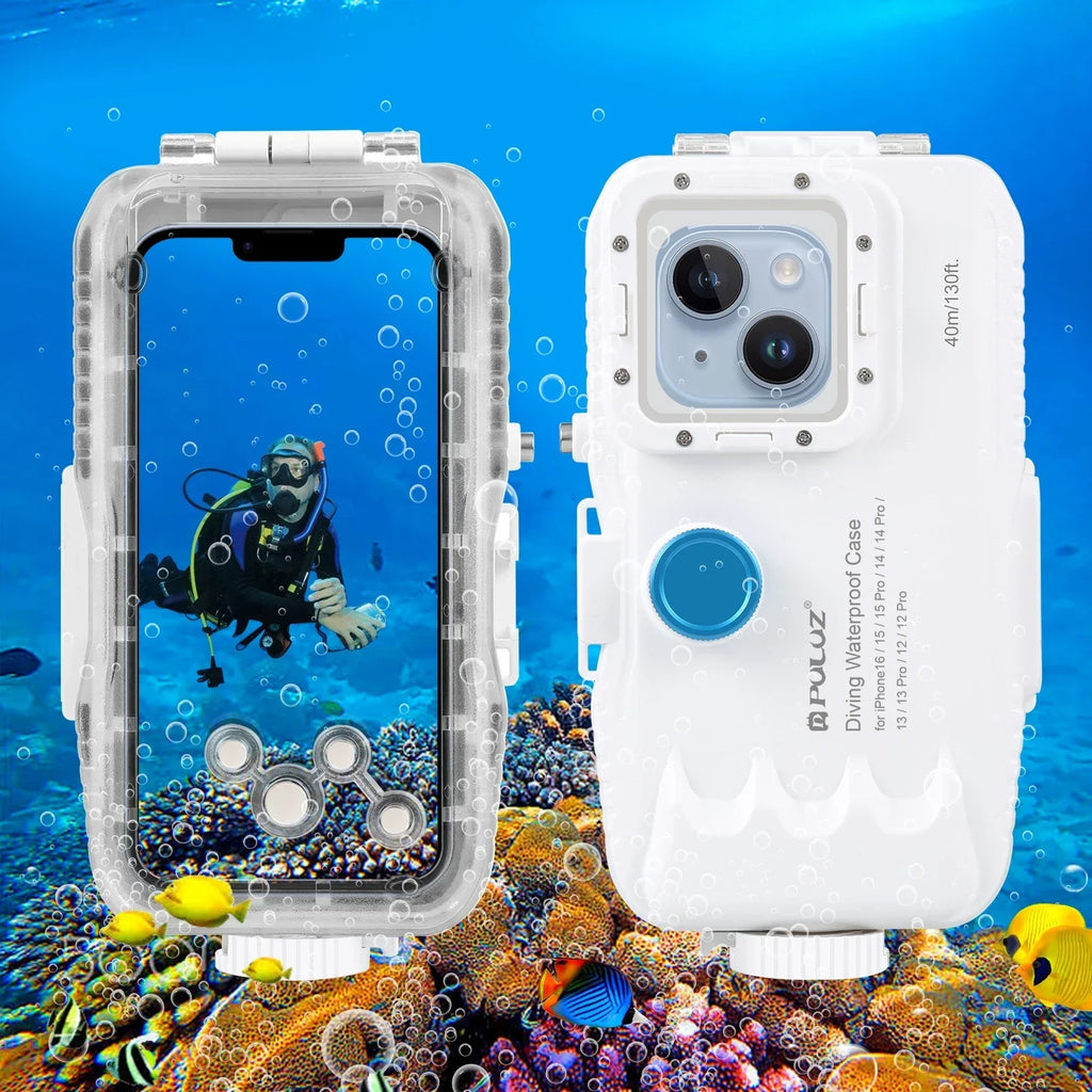 PULUZ 40m/130ft Waterproof Diving Case for iPhone 16 15 14 13 12 11 Pro Max Plus Photo Video Taking Underwater Housing Cover