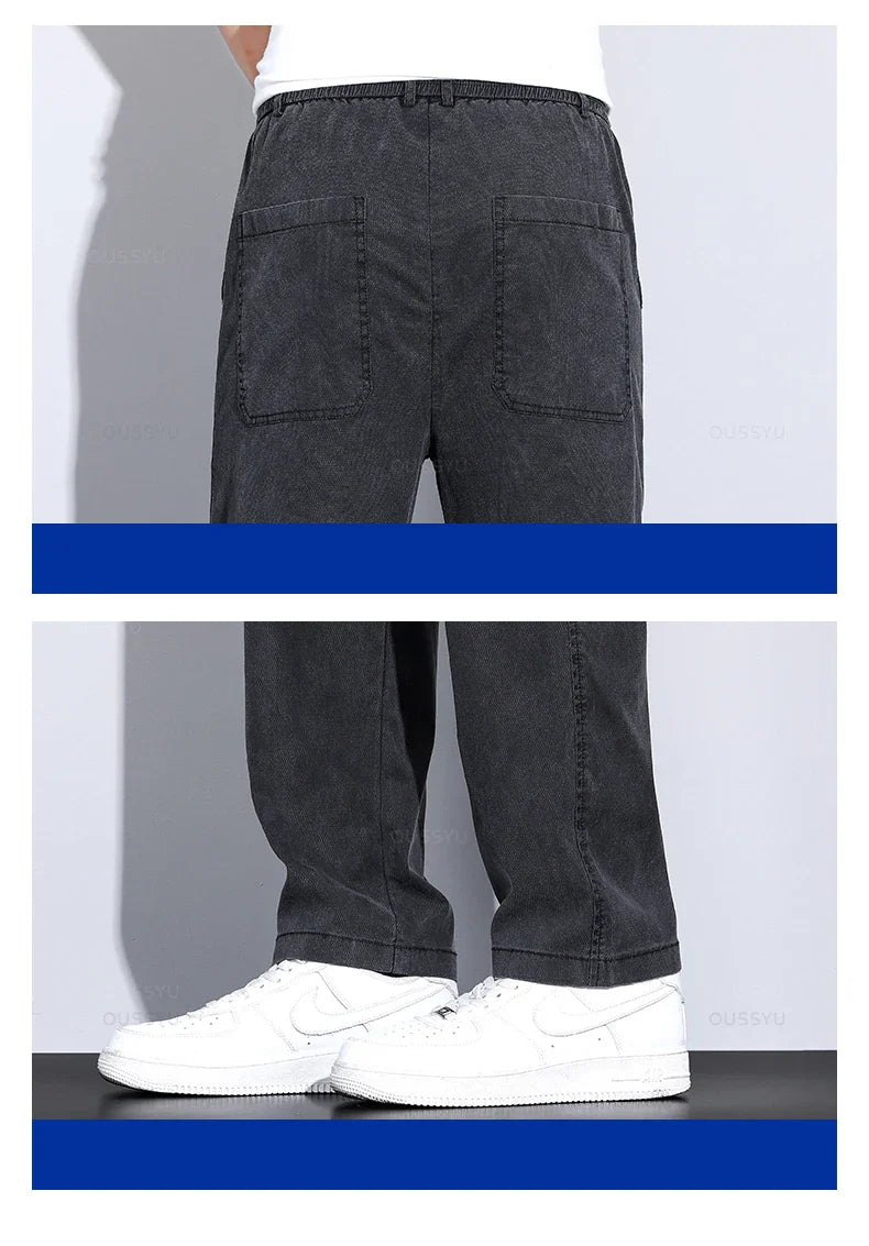 Summer New Upgrade Soft Lyocell Fabric Jeans Men Ultrathin Blue Elastic Waist Loose Straight Denim Trousers Male Plus Size 5XL