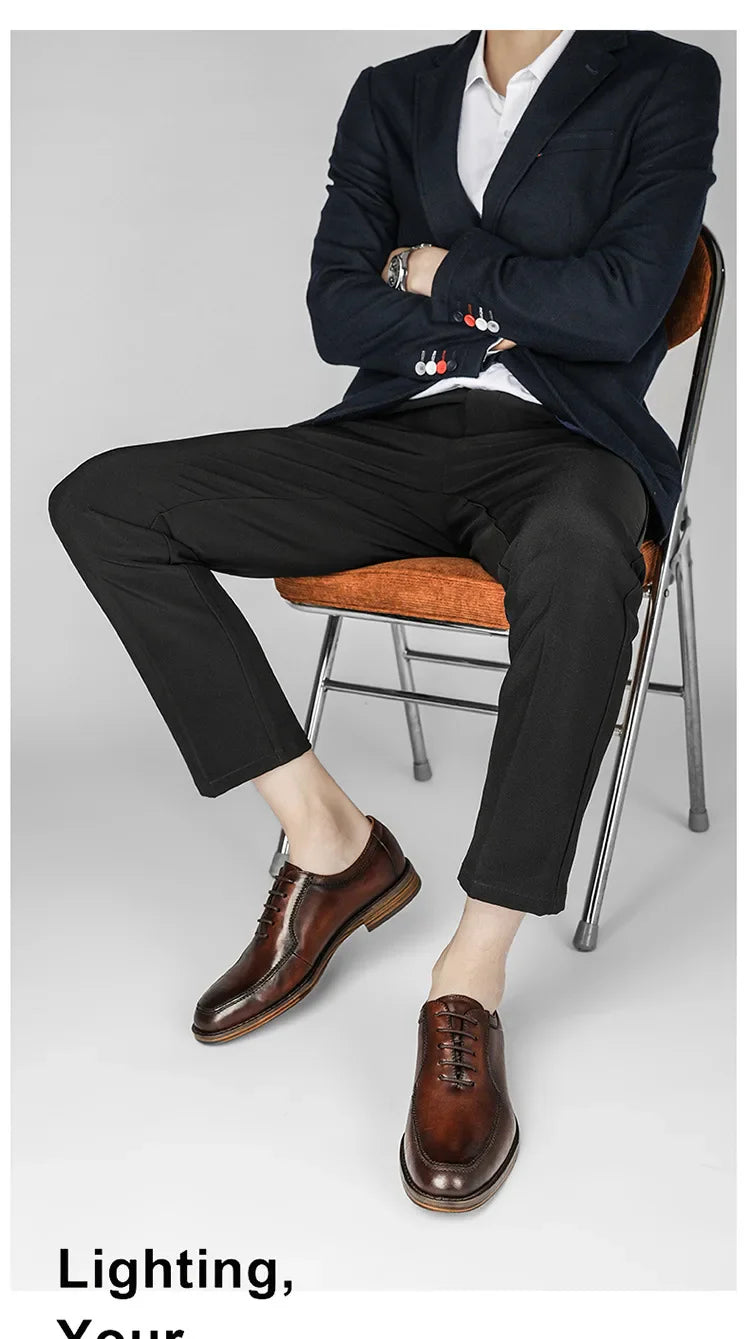 Hot Genuine Leather Shoes Men Wedding Office Dress Shoes Brown Patina Handmade Lace-Up Shoes Business Oxford Footwear