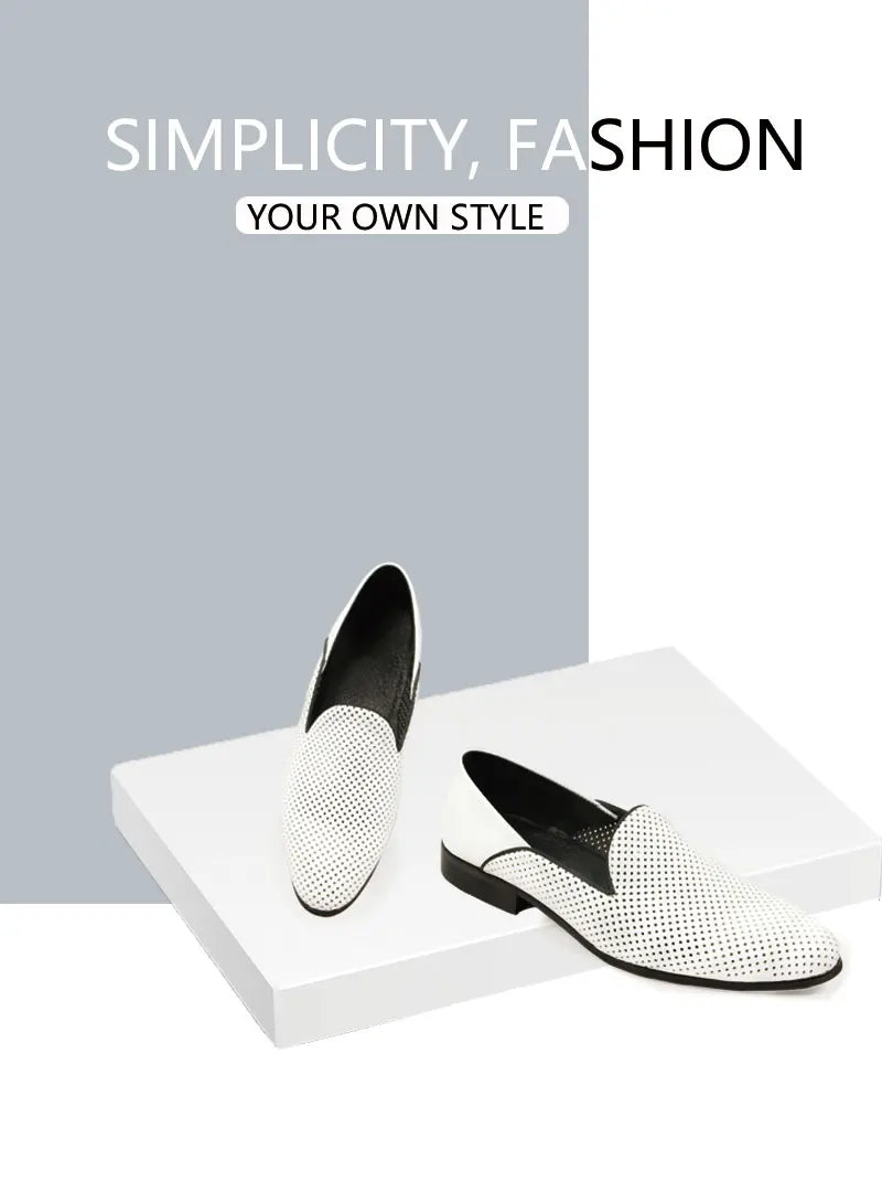 New Loafers White Men's Shoes Summer Casual Shoes for Men Genuine Leather Breathable Hollow Soft Hand Sewing Luxury Fashion Shoe