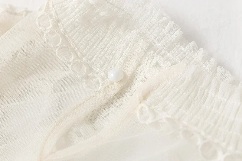 Lace Flower Mesh Summer Dress Women Lantern Sleeve White Casual Dresses Female Party Vintage Slim Women Dress 2 Piece Sets 12041