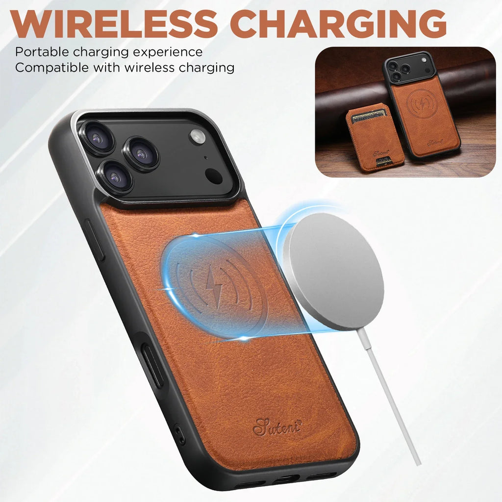 SUTENI Wireless Charging Phone Case Magnet Card Holder Stand Faux Leather For iPhone 17 Pro Max 16 Plus 15 14 13 12